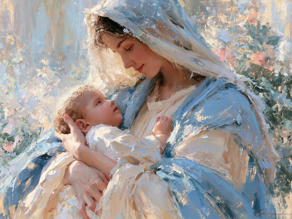 the Virgin Mary and the Child Jesus together in Impressionist style, landscape Christian artwork no. 9