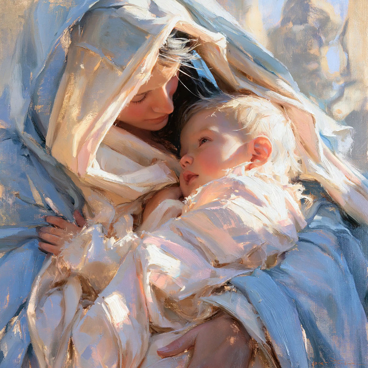 the Virgin Mary and the Child Jesus together in Impressionist style, square Christian artwork no. 4