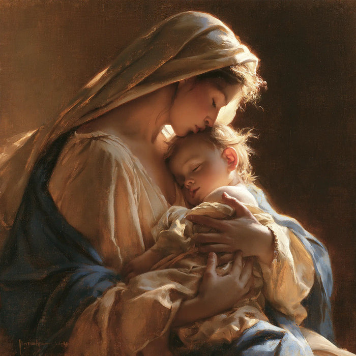 The Virgin and Child — The Peaceful Brow Beneath the Light-Brown Veil