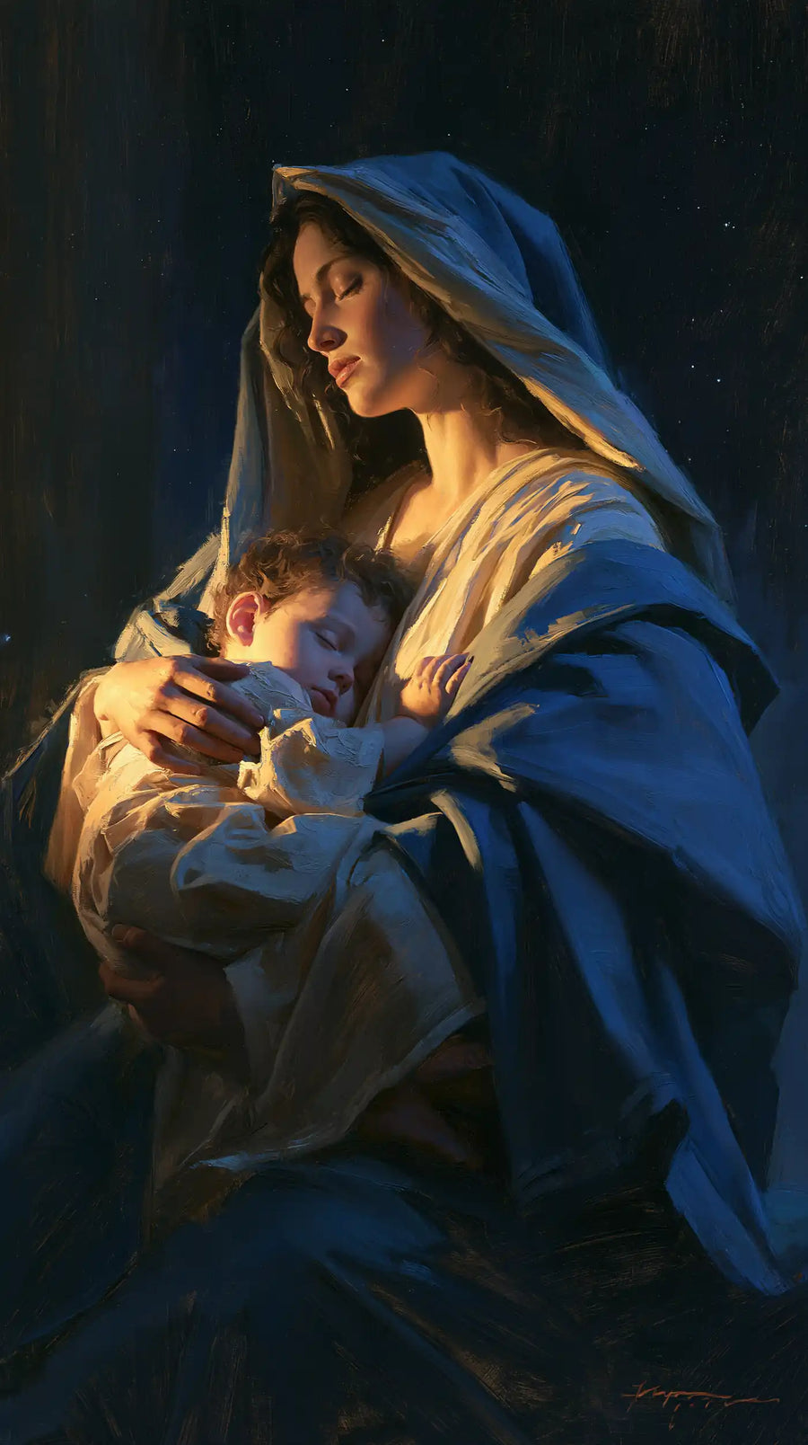 Virgin Mary and Child Jesus - Midnight Blue Chiaroscuro · Portrait n° 2