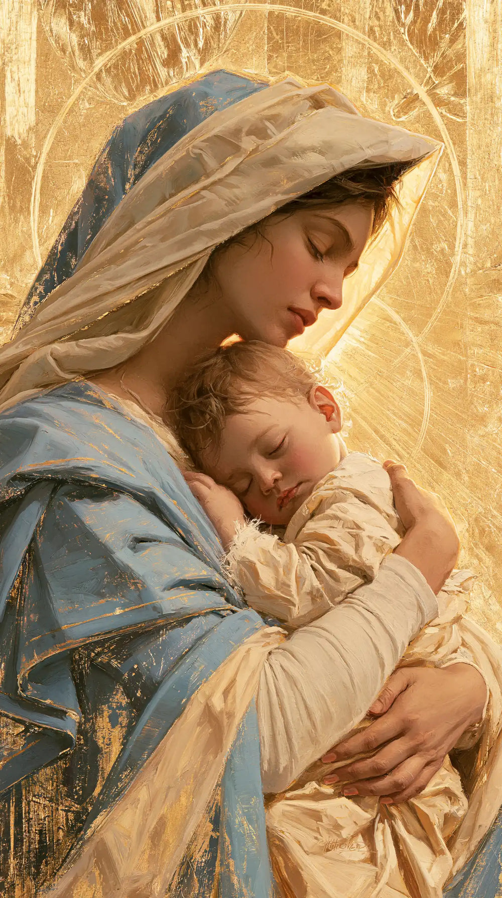 the Virgin Mary with the Child Jesus in Sacred Gold style, portrait Christian artwork no. 8