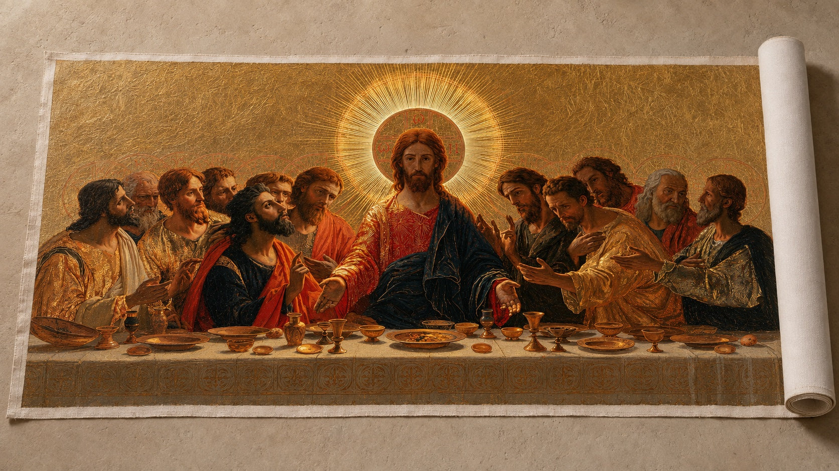 La misma Última Cena pintada a mano al óleo sobre un lienzo suelto y enrollado