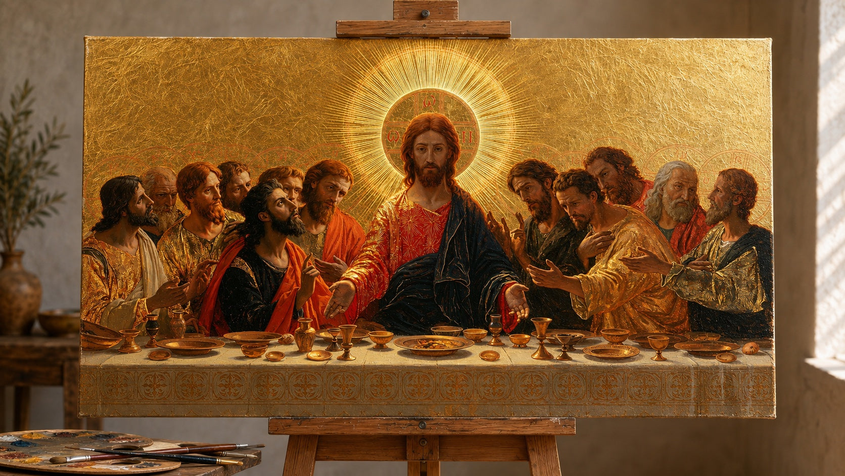 La misma obra de arte de la Última Cena pintada a mano al óleo sobre un lienzo sin marco en el estudio