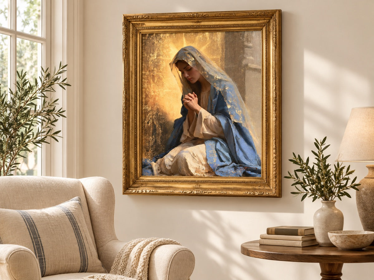 La Virgen María en oración — ambientación de interior con marco dorado