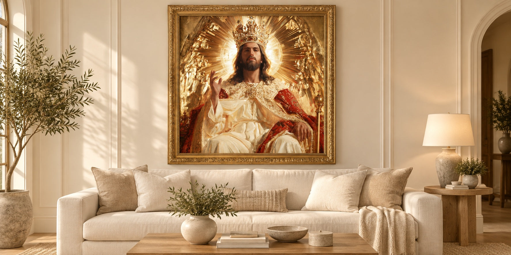 Jesús Rey — Gold artwork styled in a gold frame